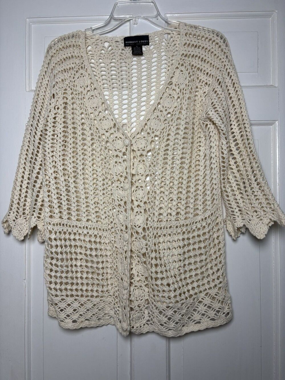 Robert Louis Hand Crochet Cream Open Cardigan Women’s S Western Hippie Boho